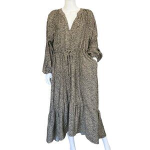 A New Day Dress Womens L Leopard Print Rayon Long Sleeve Tiered Waist Tie